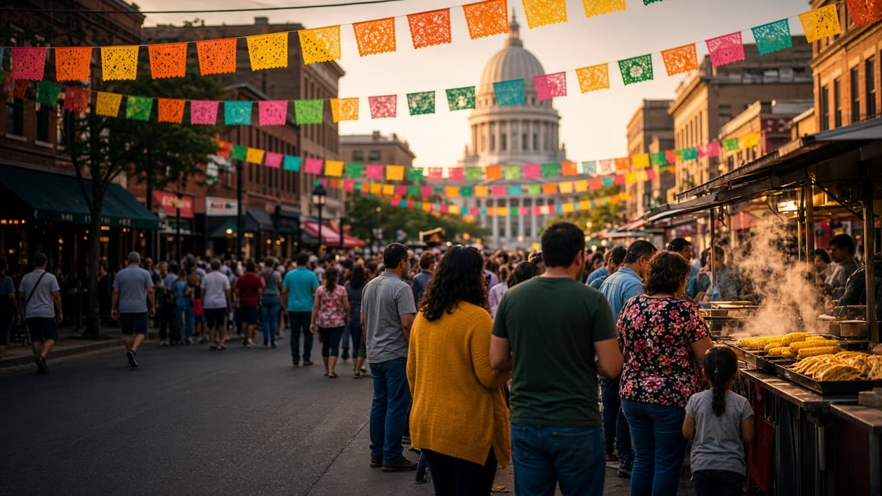 Una fiesta en la calle con papel picado y un puesto de comida cerca del Capitolio de Wisconsin